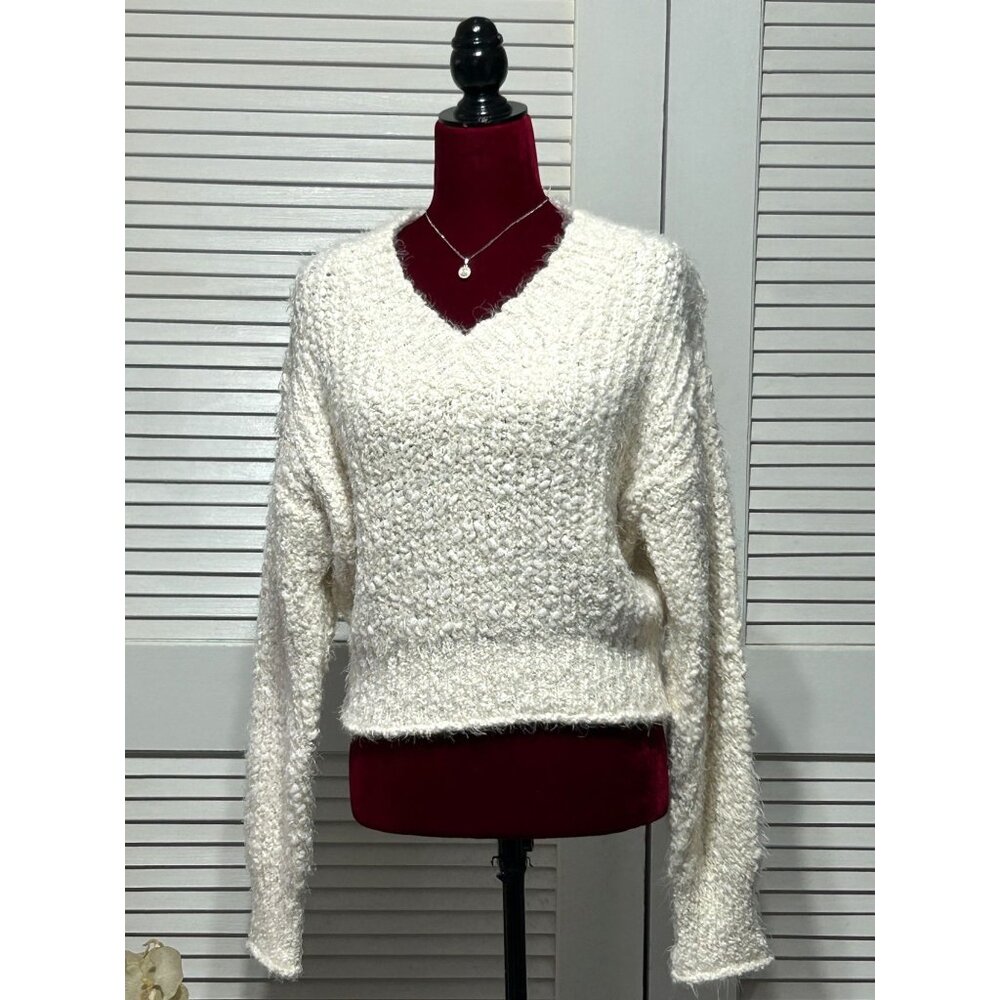 Endless Rose Women's Ivory Textured Knit V-Neck Sweater Size S 2981
